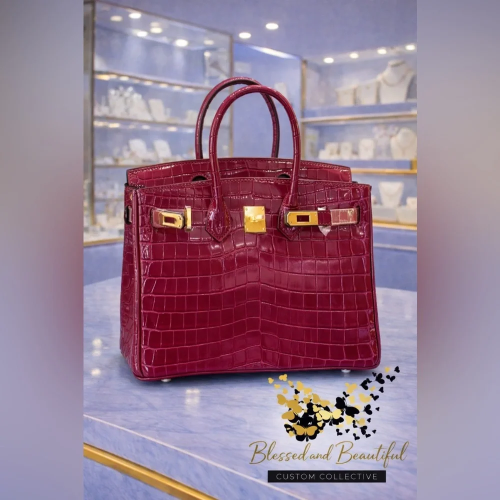 Croc-Embossed Satchel Bag in Deep Burgundy with Gold Hardware 25CM **New**